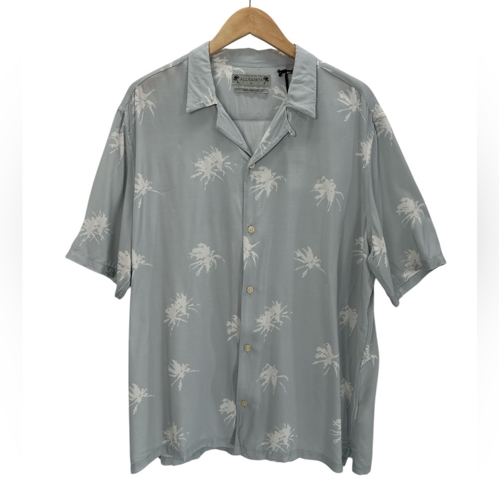 NWT AllSaints Frond Short Sleeve Palm Tree Camp Shirt Gray Button Up Relaxed Fit